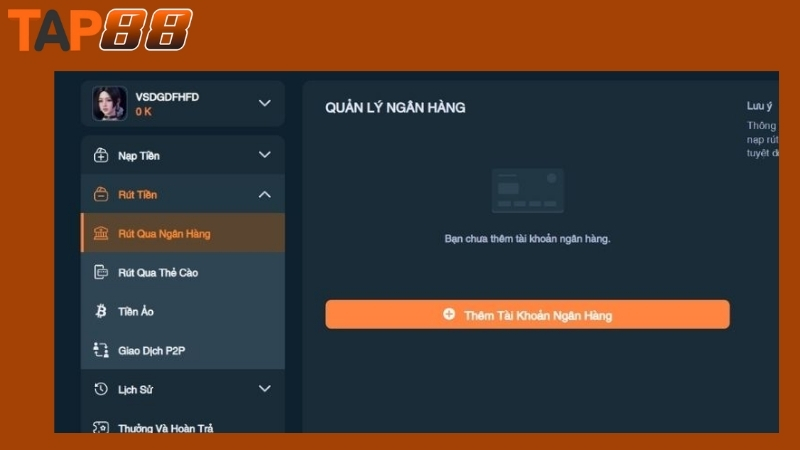 Rút tiền Tap88 qua tài khoản ngân hàng
