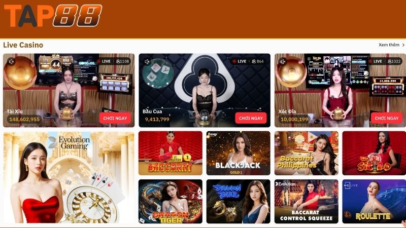 Sảnh live casino Tap88 bao xanh chín và uy tín