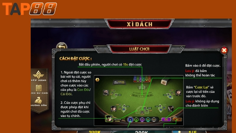 Trò chơi xì dách tại sảnh game bài Tap88
